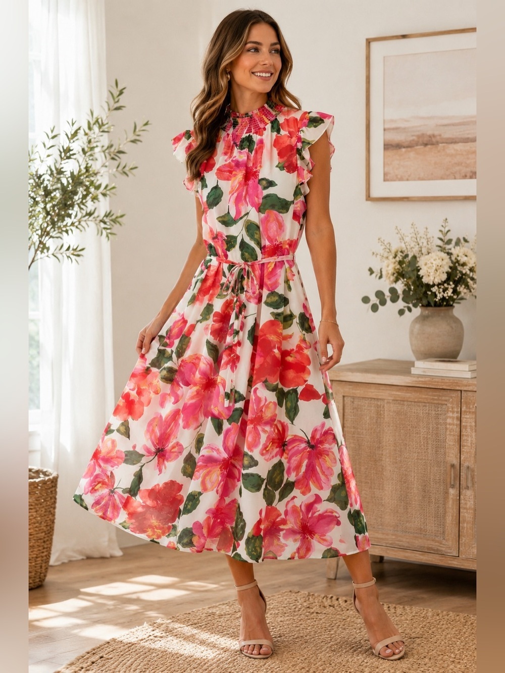 NWT Nina Leonard Floral Midi Dress Small Dragon Fruit Multi Smocked Neck Belted